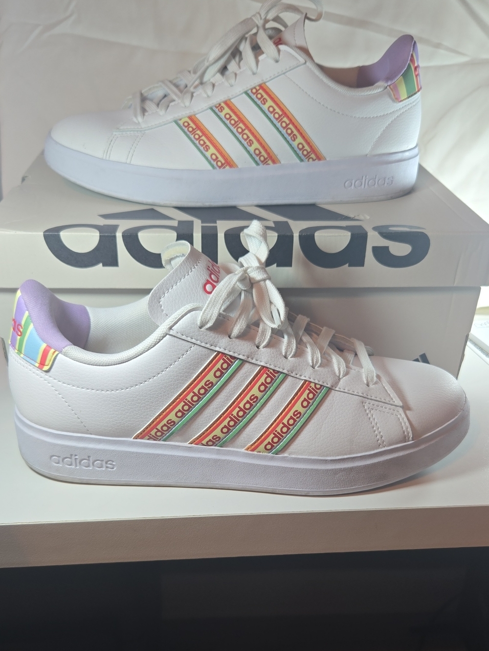 adidas Women’s Grand Court 2.0 Sneakers with Pastel Pink, Green & Purple Accents